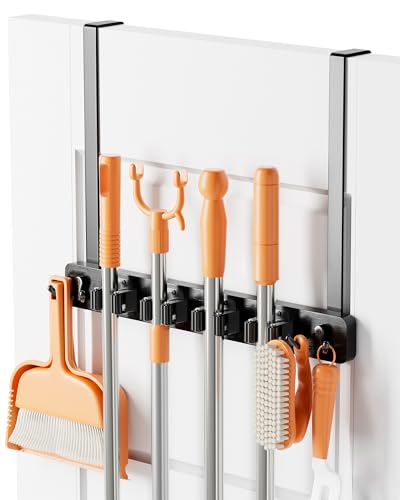 Mop and Broom Holder Wall Mount, No Drill Over the Door Broom and Mop Holder with 4 Slots and 4 Hooks, Wood Tool Hanger for Laundry, Cabinet, Kitchen, Garage - color: Black