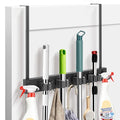 Mop and Broom Holder Over the Door, Wood Broom Hanger, Broom and Mop Organizer with 4 Slots and 7 Hooks, Drilling-Free Mop and Broom Holder for Garage, Laundry Room, Broom Hanger and Storage Tool