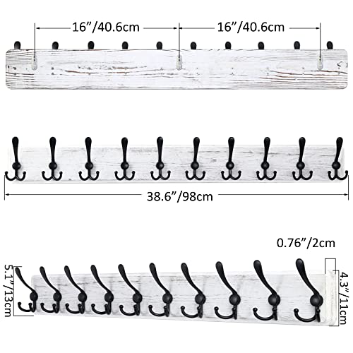 SKOLOO Coat Rack Wall Mounted - 38.3'' Long, Wooden, Heavy Duty, Rustic Coat Hooks for Wall, Wall Coat Rack with 10 Triple Hooks for Hanging Clothes, Jacket, Hat(Weathered White) - color: White Plate & Black Hook, size: 1 Item-10 Hooks