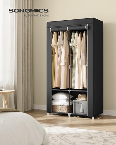 SONGMICS Portable Closet, Wardrobe Closet Organizer with Cover, 2 Hanging Rods and Shelves, 4 Side Pockets, 33.9 x 17.7 x 65.7 Inches, Large Capacity for Bedroom, Living Room, Ink Black URYG091B01 - color: Ink Black, size: 2 Tiers（33.9''L）