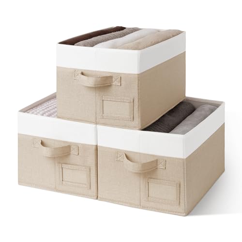GRANNY SAYS Shelf Storage Baskets, Fabric Storage Bins for Clothes, Closet Storage Boxes with Handles, Collapsible Storage Containers for Bedroom and Living Room, Khaki&Ivory, Medium, 3-Pack - color: White&Kahki, size: Medium