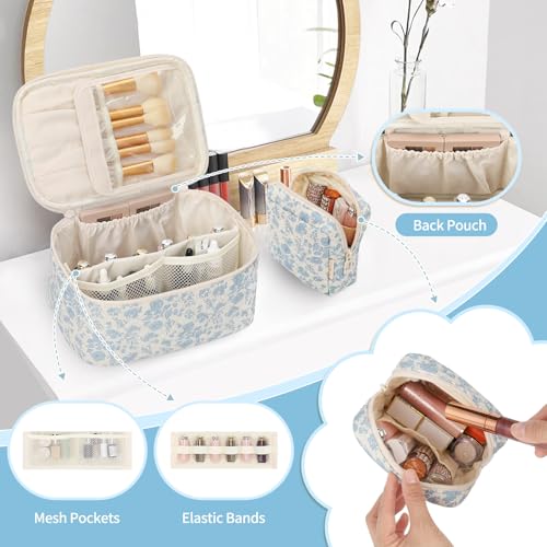 OCHEAL Makeup Bag Set, Portable Travel Makeup Bags Cosmetic Organizer Bag for Women Cute Floral Cosmetic Pouch Large Capacity Make up Bag Toiletry Bags with Divider and Handle-Floral - color: 0020_Floral print Set of 2, size: Medium