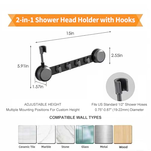 No Drill Shower Caddy with Adjustable Shower Head Holder, 20 LBS Rustproof Wall Mounted Shower Organizer with 4 Hooks, Waterproof Adhesive Bathroom Storage Rack, Space Saving, Gunmetal Gray - color: Gunmetal Gray