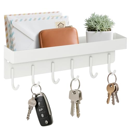 Magnetic Key Holder Wall Mount, Small Metal Key Rack with Tray, 9.6 Inch, 6 Hooks, 2 Installation Options, White - color: White
