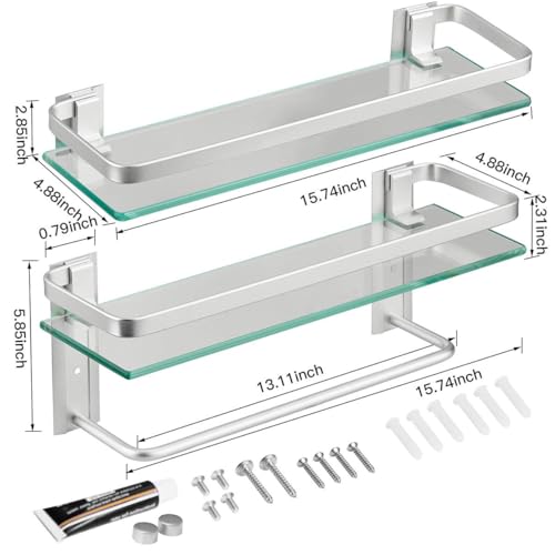 VOLPONE Glass Bathroom Shelf 15.7in Bathroom Shelf Wall Mounted Floating Glass Shelves with Towel Holder Glass Shelf for Bathroom 2 Tier (Sliver) - style: 2 tier with towel bar silver