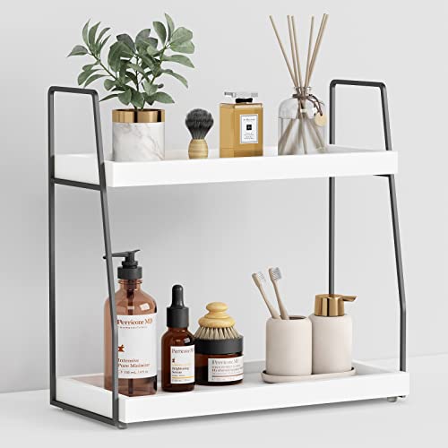 Forbena 2 Tier Bathroom Counter Organizer, White and Grey Coffee Bar Organizer for Countertop, Wood Shelf Tray for Vanity Makeup Storage, Small Kitchen Sink Top Organizers for Coffee Bar Station - color: White-grey