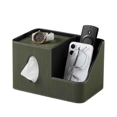 PU Leather Square Tissue Box Cover with Magnetic Closure, Tissue Holder with Storage Tray & Remote Control Organizer, for Nightstand, Living Room, Bathroom, Office Desk (Green Stripes) - color: Green Stripes