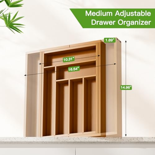 Pipishell Bamboo Expandable Drawer Organizer for Utensils Holder, Adjustable Silverware Organizer Cutlery Tray, Drawer Dividers for Utensils, Flatware, Knives in Kitchen, Bedroom, Living Room(M-Brown) - color: Brown, size: Medium