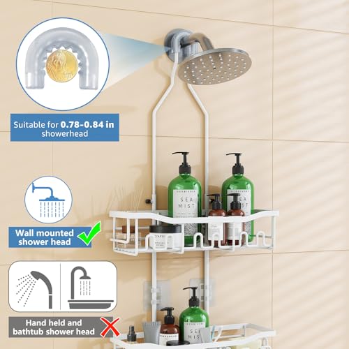 Upgraded Extended Length Shower Organizer with Hooks, Rustproof Shampoo Soap Holder, Large Hanging Bathroom Caddy - color: White - 2 Tier - Standard