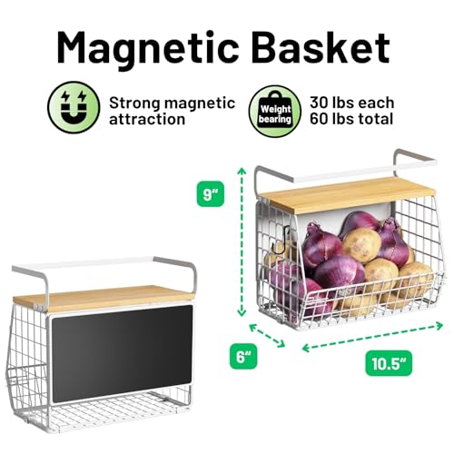 Magnetic Shelf for Fridge with Wood Lid, Fruit Potato and Onion Storage Bins, Pantry Organizers & Storage, Large Container Magnetic Spice Rack for Refrigerator, Kitchen Counter (White, 2) - color: White, size: 2-Small