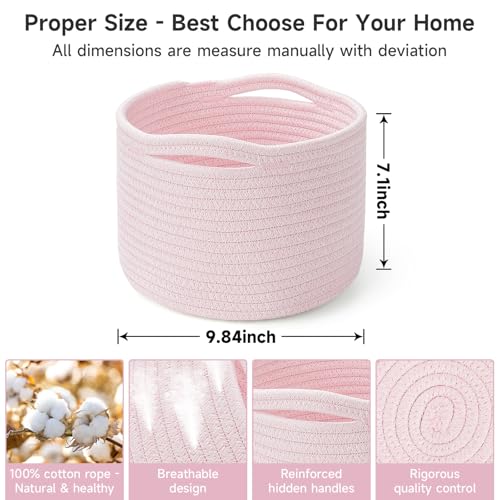 Small Rope Baskets for Storage, Baskets for Gifts Empty, Cute Round Woven Basket, Decorative Shelf Baskets 9.82×9.82×7.1", Cotton Toy Basket Storage Bins for Organizer 3 Packs-Pink - color: Pink-3PCS