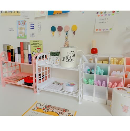 UnnFiko 2-Layers Table Shelf Organizer, Adjustable Plastic Storage Rack Shelf Square Basket Desk Stand Table Storage Organizer Shelves (White) - color: White