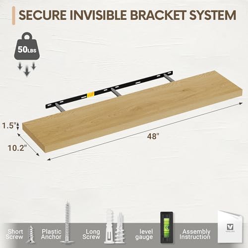 Vivelove 10" Deep Floating Shelves with Invisible Brackets, 47" Wall Shelves for Bathroom Bedroom Kitchen Living Room Laundry Room, Modern Rustic Shelves for Home Decor, 47.2"x10.2"x1.5"Set of 2, Oak - color: Oak, size: 47.2”Wx10.2”Dx1.5”H