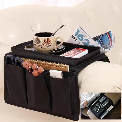 Sofa Armrest Organizer with Cup Holder No-Slip Couch Sofa Armrest Organiser Couch Remote Caddy Control Holder with 1 Large Pockets and 3 Small Pockets for TV Remotes Cellphone Magazines Drinks (Black) - color: Black