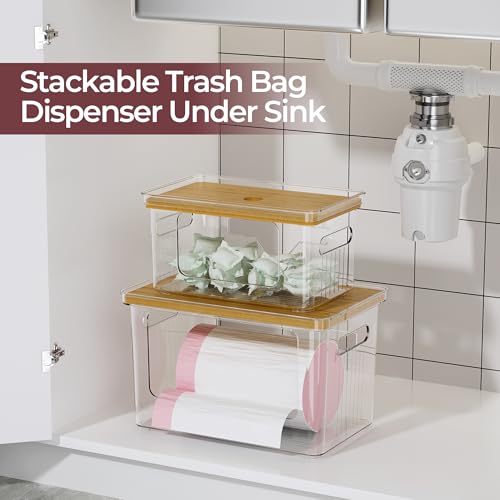 Delamu Acrylic Trash Bag Holder, 2 Pack (XL+S) Stackable Garbage Bag Dispenser, Clear Organizer Bins for Under Sink Organization, Pantry Storage, Cabinet, Kitchen, Laundry, Bathroom - size: XL+S-2 Pack