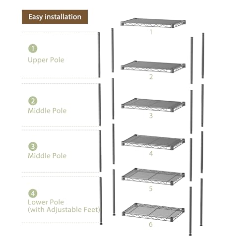 SINGAYE 6 Small Shelf Storage Wire Shelves Closet Bathroom Organizers Metal Pantry Kitchen Garage Shelving Unit Laundry Room Organization Home Narrow Rack Net Basket with Wheels Black - color: Black, size: 6Tier/11.5"D X 17.5"W X 61.5"H