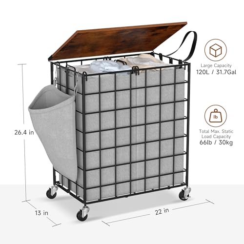 Laundry Basket with Wheels, Heavy Duty Laundry Sorter 2 Sections, Large Capacity 120L (32Gal.) Laundry Hamper with Wood Lid, 360 Rolling Wheels, Extra Side Pocket, Leather Pull Handle, Grey - color: Grey, size: 120L