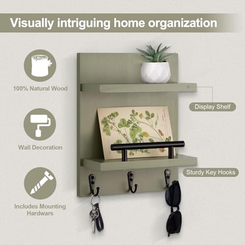 Key Holder Wall Mount, Mail Shelf Decor with 3 Key Hooks, Versatile Wood Wall Organizer for Entryway Hallway (8.2” x 10.6”x 3.6”) (Sage Green) - color: Sage Green