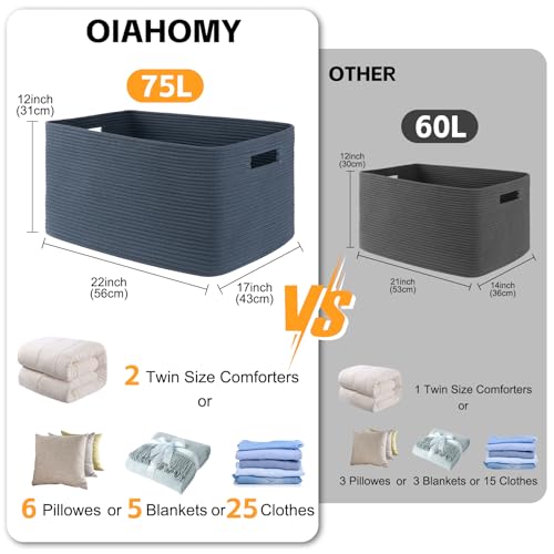 OIAHOMY 75L Large Blanket Basket, Woven Storage Basket with Handle, Cotton Rope Basket 22”x17”x12”,Blanket Basket Living Room, Toy Basket for Nursery, Blue - color: Blue, size: 22”x17”x12”