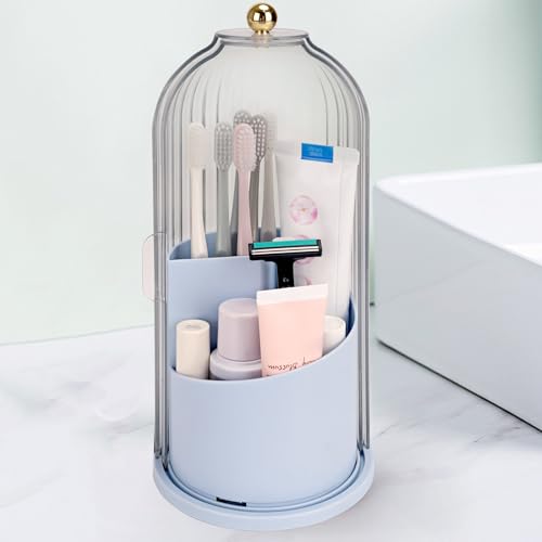 QIYVLOS Toothbrush Holders with Sliding Lid, Rotating 3 Slots Bathroom Organizer Countertop, Tooth Brush Toothpaste Holder Bathroom Counter Stand Sink Organizer Caddy for Makeup Brushes Holder (Blue) - color: Blue+transparent