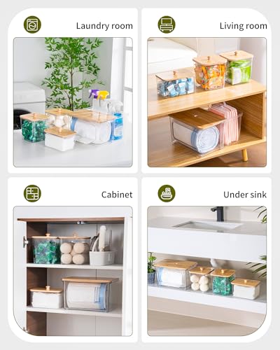 iCASA Trash Bag Dispenser Dishwasher Pod Holder - 5 in 1 Plastic Garbage Bag Under Sink Organizer, Acrylic Dryer Sheet Balls Laundry Pods Container with Bamboo Lid, Pantry Organizers and Storage Box - size: 5 in 1