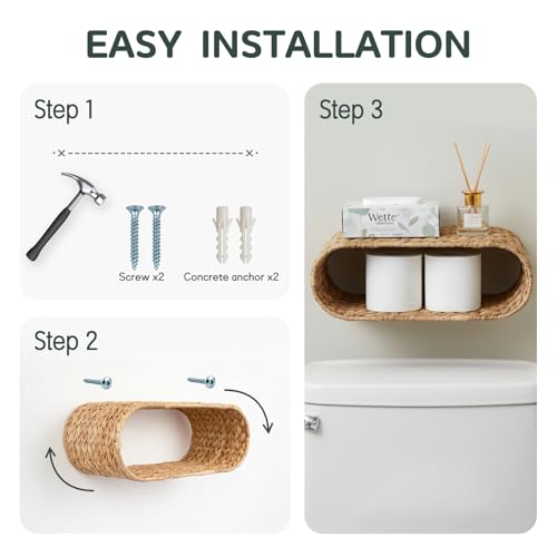 Coeusy Boho Rattan Wall Shelf for Bathroom, Wicker Wall Shelf for Toilet Paper Storage Holder, Handwoven Water Hyacinth Natural Decor for Over The Toilet, 2-Tier