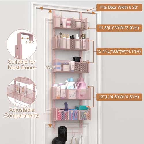 VyGrow Over The Door Organizer, Metal Door Organizer Hanging with 5 Adjustable Baskets and Coat Hook, Behind The Door Storage for Bedroom Closet Bathroom Pantry Cabinet Kitchen, Pink - color: Pink, size: 5-Tier