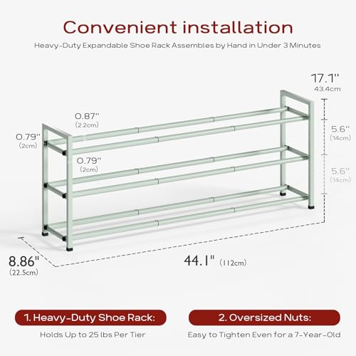 Bumusty 3-Tier Long Expandable Shoe Rack for Closet, 18"-44" Adjustable Shoe Rack for Entryway, 15-18 Pairs Large Shoe Organizer Shelf Storage, Sturdy Metal, Green - color: Green, size: 3-Tier