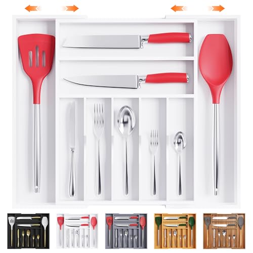 Bellsal Large Premium Bamboo Silverware Organizer - Expandable Utensil Drawer Organizer - 17"x19.6" Utensil Holder and Cutlery Tray with Grooved for Kitchen Flatware and Utensils(7-9 Slot, White) - color: White, size: 9 Slots Expandable