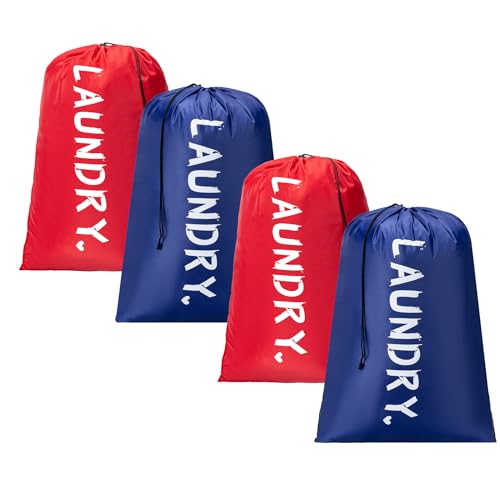 4 Pack XL Travel Laundry Bag, Machine Washable Dirty Clothes Organizer with Drawstring,Large Enough to Hold 4 Loads of Laundry, Easy Fit a Laundry Hamper or Basket Travel Essentials 24" x 36" - color: Deep Blue+Red, size: 24"x36" |4 Pack