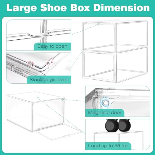 12 Pack Drop-Front Clear Shoe Box Acrylic Storage Box Shoe Organizer Size 13, Stackable Shoe Tower with Magnetic Door Large Storage Bins for Sneaker Containers Display & Closet Organization - color: Clear, size: Large Size 14