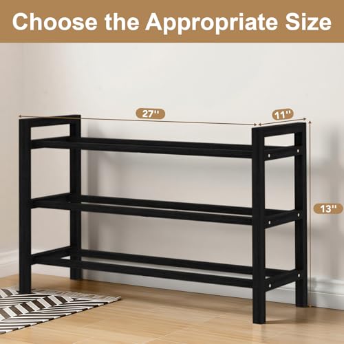 Haddockway Bamboo Shoe Rack for Closet, Free Standing Shoe Organizer with Smooth Round Rods & Convenient Handles, Stackable Shoe Storage Shelf for Entryway, Hallway(Black, 3-Tier) - color: Black, size: 3-Tier_Standard