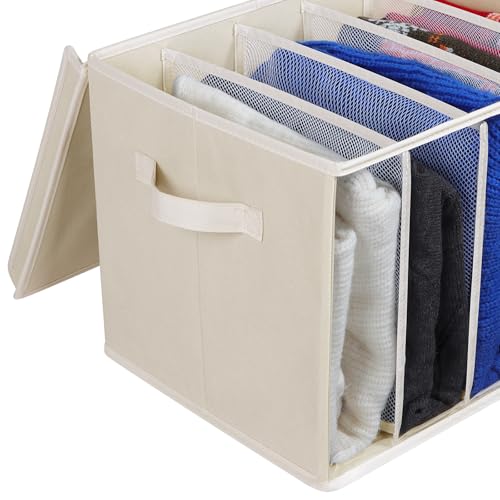 Zilink Upgraded Clothes Organizers with Lids and Support Boards Large Sweater Organizer for Closet Shelf with 5 Grids Divider Wardrobe Organizer for Sweaters, Jeans, Pants, Beige, 3 Pack - color: Beige - For Sweater