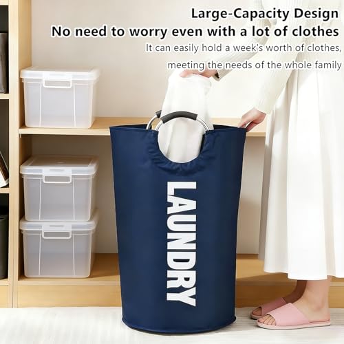 A large 90 liter laundry basket that can be folded for easy carrying. Suitable for bathrooms, laundry rooms, and travel (navy blue) - color: navy blue