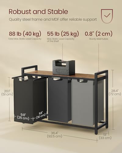 VASAGLE Laundry Hamper, Laundry Basket, Laundry Sorter with 3 Pull-Out and Removable Bags, Shelf, Metal Frame, 3 x 10.6 Gallons (40 L), 36.4 x 13 x 28.4 Inches, Tricolor and Rustic Brown UBLH301X01 - color: Tricolor + Rustic Brown, size: 3 Bags - 120 L
