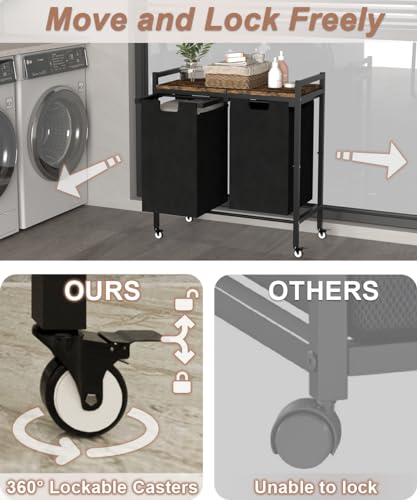12 x 2 Gal Large Laundry Hamper with Wheels, 2 Pull-Out & Removable Sorter Bags, Freestanding Clothes Basket Organizer for Clothing or Toys in Bathroom and Living Room, Rustic Brown and Black - size: 2 Section with wheels