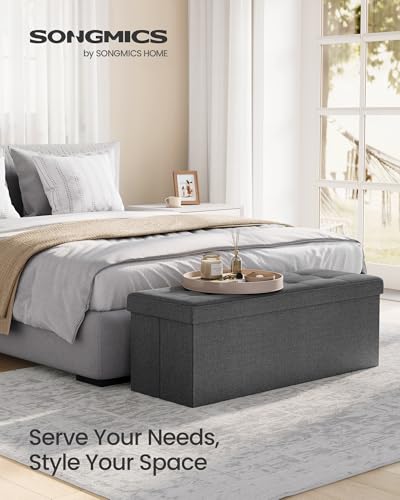 SONGMICS MAZIE Collection - 43 Inches Folding Storage Ottoman Bench, Ottoman Foot Rest, End of Bed Bench, Storage Chest, Load 660 lb, for Living Room, Bedroom, Entryway, Dark Gray ULSF77K - color: Dark Gray, size: 15"D x 43"W x 15"H