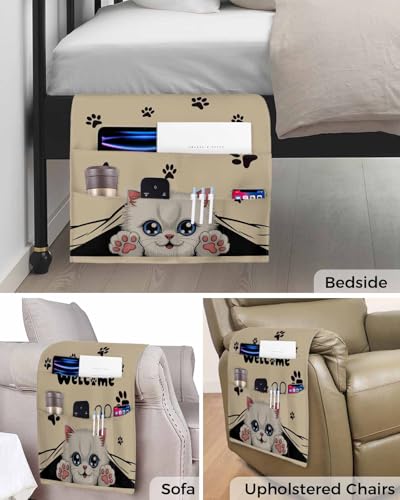 Sofa Armrest Organizer Bedside Caddy, Adorable Cat Welcome Non Slip Couch Remote Control Holder for Recliner, Retro Paws Footprints Arm Chair Caddy with Pocket for Magazine, Phone, 19.7''x35'' - size: 19.7x35 in