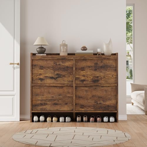 GarveeHome Shoe Cabinet with 4 Flip Drawers, Wooden Shoe Organizer Cabinet with Adjustable Shelf, Shoe Storage for Entryway, Hidden Shoe Cabinet for Hallway, Living Room, Rustic Brown - color: Rustic Brown, size: 4-Drawers