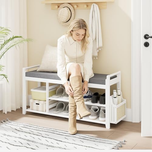 Homaxy 2-Tier Shoe Rack Bench with Side Holder, 39.4 in Bamboo Entryway Bench, Shoe Rack Organizer with Cushion for Front Entrance, Hallway Living Room Bedroom, White and Dark Grey - color: White and Dark Grey, size: 39.4 in