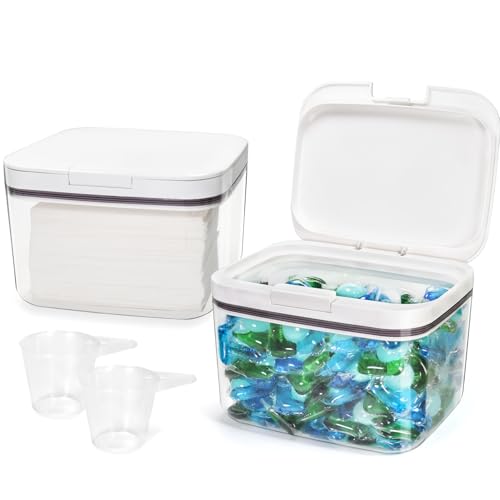 Pensino Laundry Pods Container Laundry Pod Holder with Lid, Laundry Room Storage Container for Detergent Pods Laundry Powder Scent Booster Container with Scoop (2 Pack) - size: 2.8L*2