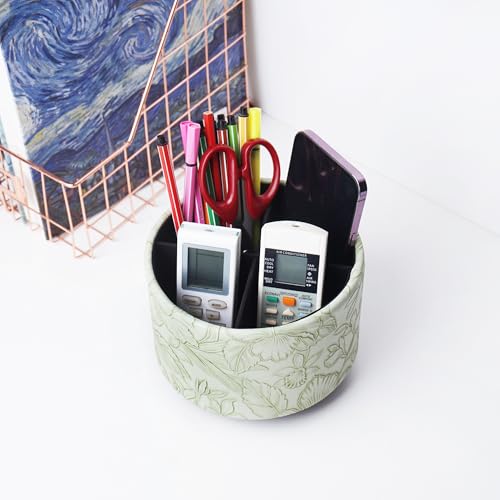 Hennaja Round Leather Art Supply Organizer,Remote Control Holder,360 Degree Spinning,Multi-Functional Pencil Holder,4 Compartments Desktop Stationary Organizer(1-Carved Green) - color: 1-Carved Green