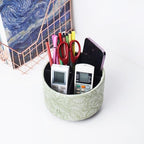 Hennaja Round Leather Art Supply Organizer,Remote Control Holder,360 Degree Spinning,Multi-Functional Pencil Holder,4 Compartments Desktop Stationary Organizer(1-Carved Green) - color: 1-Carved Green