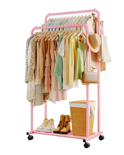 Sakugi Clothes Rack - Double Rods Clothing Rack with Mesh Shelf, Hooks & Wheels, Metal Clothing Racks for Hanging Clothes & Bags, Multifunctional Garment Rack for Laundry, Pink, 28.7" x 16.5" x 59.1" - color: Pink, size: Large 28.7"W x 16.5"D x 59.1"H