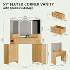 FURSUN Fluted Makeup Vanity Desk with HD 3 Way Mirror and Lights, 51" Large Corner Vanity Table with Charging Station, Dressing Table with 4 Drawers & 2 Storage Cabinets for Bedroom, Natural Oak - size: 20.0"D x 51.2"W x 56.3"H, style: Natural Oak