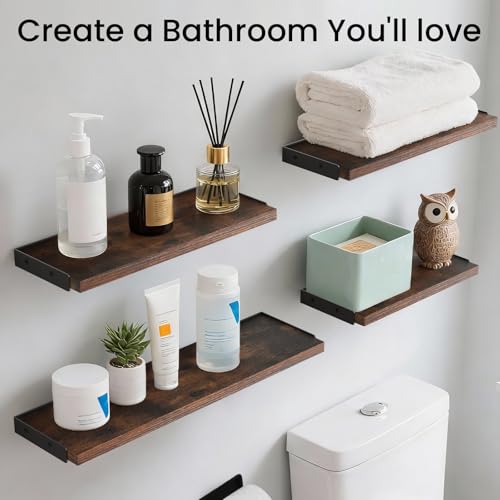 BAYKA Floating Shelves for Wall, Book Shelf for Bedroom, Decor Shelves for Living Room Kitchen, Mounted Wood Floating Shelf for Home Decor, Corner Shelf for Bathroom, Office(Dark Brown,Set of 4) - color: D. Dark Brown Board & Black Brackets, size: 16-inch