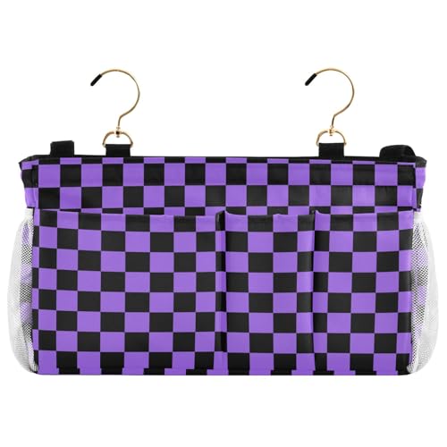 Checkerboard Black Purple Plaid Print Bedside Caddy Storage Bag Bedside Organizer for Bunk Bed Headboards College Organizer Caddy Hanging Shelf 6 Pockets with Hooks for Drinks Magazine Phone Holder - color: Checkerboard Black Purple