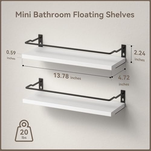 RICHER HOUSE White Bathroom Shelves, Small Floating Wall Mounted Shelf for Bathroom Decor, Guard-Rail Wood Shelving Organizer Over Toilet Kitchen Storage Shelves Set of 2 - White - color: White