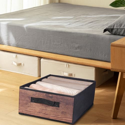 JAKAGO Fabric Storage Bins set of 4 Rectangle Storage Baskets with Handle Foldable Closet Organizer for Clothes Towel bedding Books Collapsible Clothing Container for Shelves Bedroom(Wood Low)