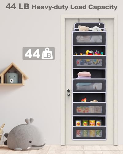 Over The Door Organizer 44LB Capacity with 5 Large Pockets & 10 Mesh Side Pockets, Clear Window Anti-Tilt Hanging Storage for Nursery, Bathroom, Pantry - Dark Grey, 1 Pack - color: Dark gray